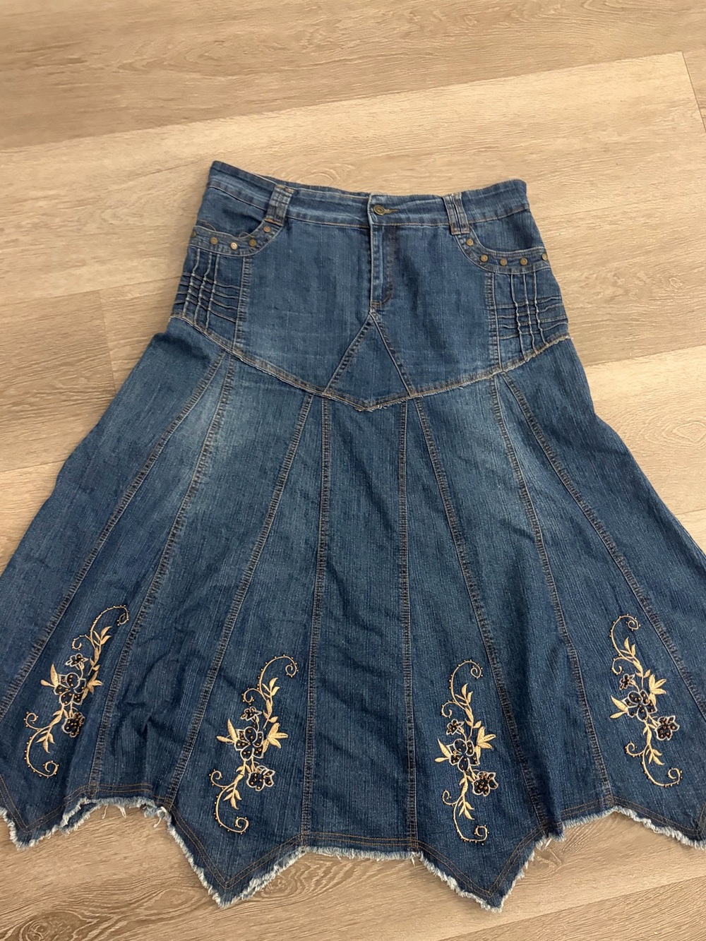 Vintage Y2K Embroidered Beaded Asymmetric Denim Maxi Skirt Blue XXL Boho Hem